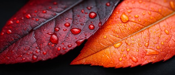 Fototapeta premium Two red leaves and one orange leaf, each with water droplets, on a black surface against a black background