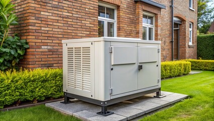 A compact diesel generator sits outside a residential home, ready to provide backup power to critical systems during unexpected electrical outages.