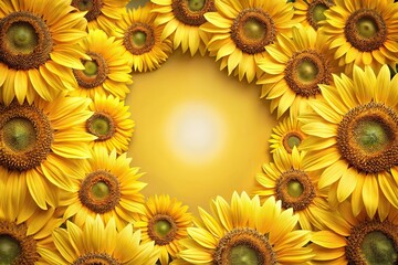 A stylized arrangement of sunflowers in a circular pattern with varied sizes and shades, colorful flowers, wallpaper feature, abstract floral