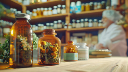 Herbal Apothecary: A Collection of Dried Botanical Remedies in Glass Jars. Generative ai