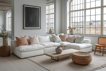 Fototapeta premium Minimalist, modern Scandinavian interiors in a spacious living room with large windows. Generative AI 