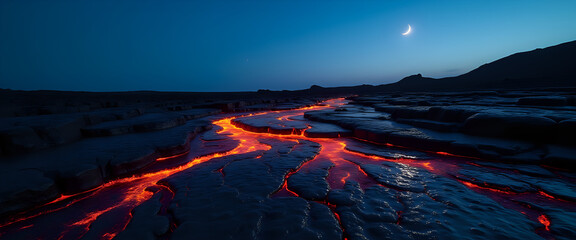  Molten lava glowing in dark volcanic terrain