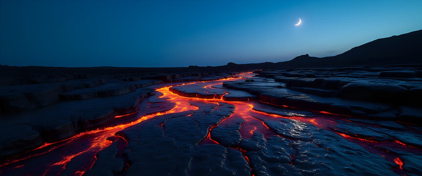 Molten lava glowing in dark volcanic terrain