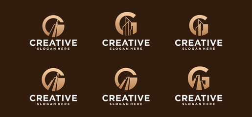 building construction letter C logo, geometric building letter C icon with luxury color.