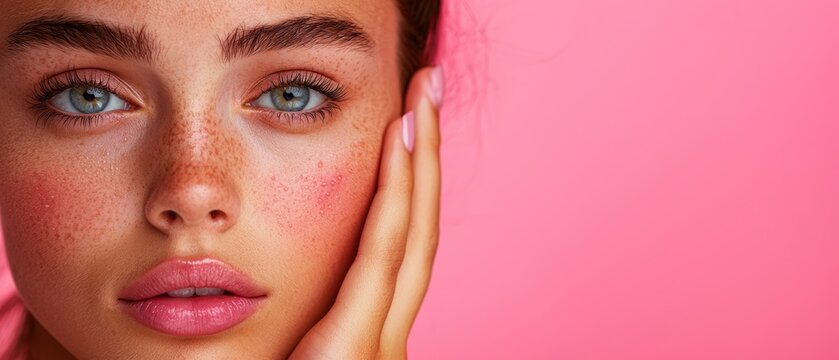  A woman with freckles closely shown on her face, hands nearby, set against a pink backdrop ..Woman's face with freck