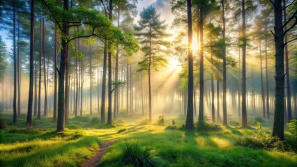 Naklejka premium A serene forest with tall trees and a misty atmosphere at dawn, calm, outdoors, nature background