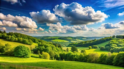 Obraz premium A serene landscape with a light blue sky and fluffy white clouds, set against a backdrop of lush green trees and rolling hills, gentle breeze, peaceful, serene
