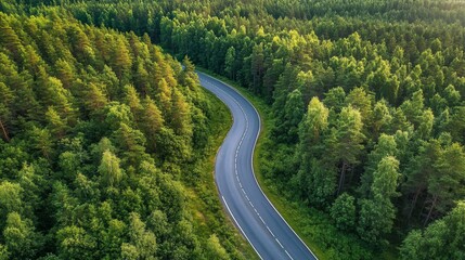 Fototapeta premium Aerial view of a winding road through a dense forest.