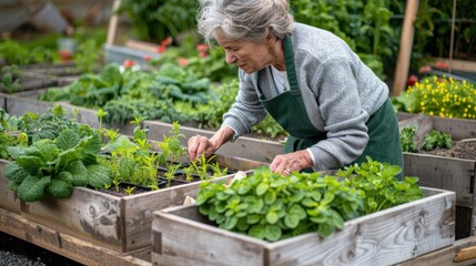 Fototapeta premium Elderly Woman Tending Raised Garden Beds in Backyard Oasis for Relaxation and Hobbies. Generative ai