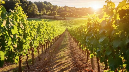 Naklejka premium Serene Vineyard Landscape at Sunset
