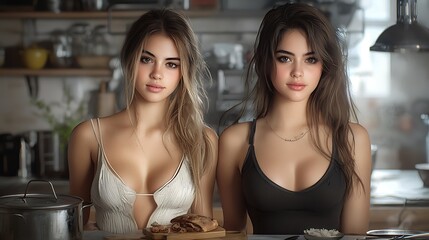 A cozy kitchen where one friend prepares a meal while the other stands with a calculating look, suggesting they are plotting something malicious. The warm ambiance contrasts sharply with the 