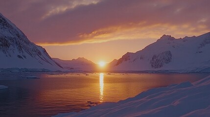 Serene Sunset Over Snowy Mountains and Calm Waters