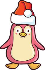 Cute and funny pink penguin cartoon character wearing santa's hat celebrating christmas