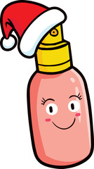 Cute and funny pink perfume bottle cartoon character wearing santa's hat celebrating christmas