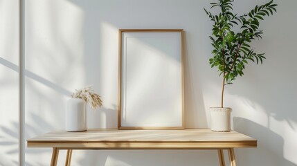 A minimalist desk setup with white walls and wooden accents. The desk has a blank picture frame and a single clock. Gentle