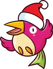 Cute and funny pink bird cartoon character wearing santa's hat celebrating christmas
