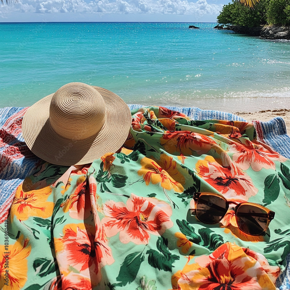 Wall mural vibrant summer outfit laid out on beach towel, featuring floral wrap, sunglasses, and straw hat, per