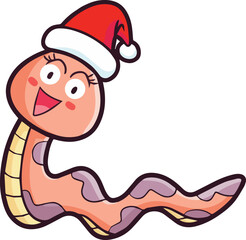 Cute and funny pink snake cartoon character wearing santa's hat celebrating christmas