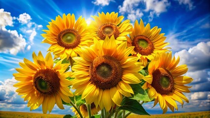 Obraz premium Vibrant bouquet of sunflowers bursting with warmth and energy, set against a bright blue sky, symbolizing joy, hope, and happiness in the golden years.