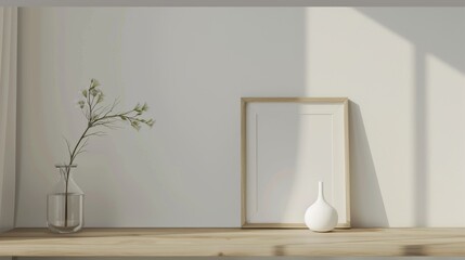A minimalist home office with white walls and a light wooden desk. The desk features a blank picture frame and a single decorative candle. Bright