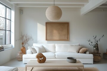 Minimalist, contemporary Scandinavian interiors in the living room with ceiling lights and sofas. Generative AI

