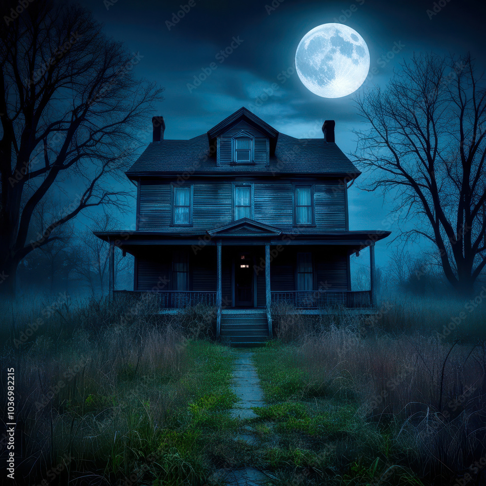 Poster a creepy old house with a large moon in the background