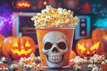 Spooky Halloween concept with skull and popcorn. A spooky popcorn bucket with a skull design sits among Halloween pumpkins creating a festive and eerie atmosphere perfect for Halloween celebrations