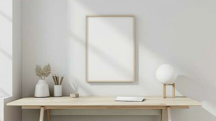 A minimalist home office with white walls and a wooden desk. A blank picture frame stands alongside a single, stylish desk mat. Gentle