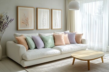 A modern Scandinavian interior in the living room with minimalist, pastel colored cushions and sofas. Generative AI
