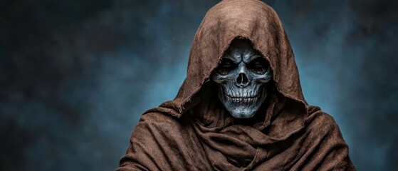  A skeleton, clad in a robe, wears a skull atop its head and wields a knife against a backdrop of darkness