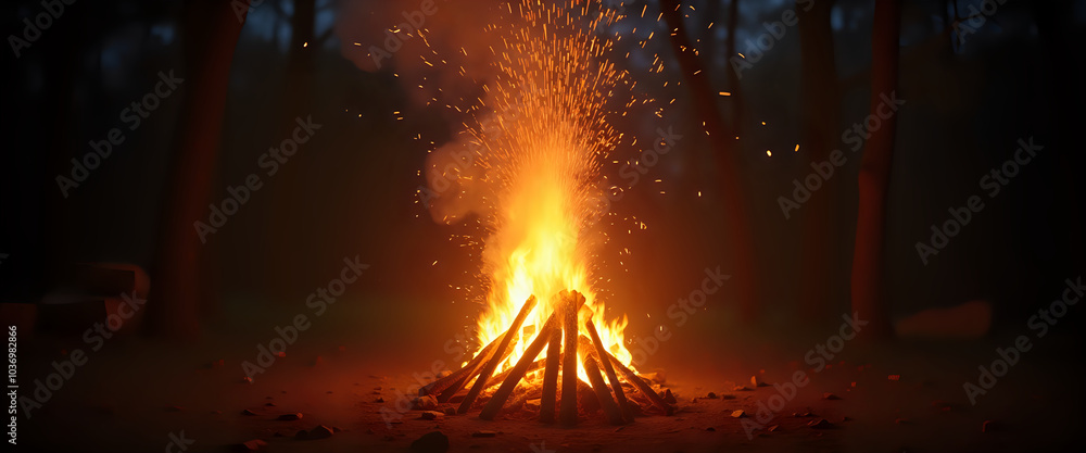 Wall mural bonfire burning brightly in the forest at night