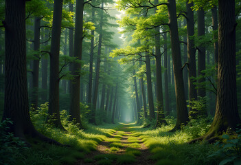 Obraz premium Lush green forest pathway with tall trees and sunlight filtering through leaves, tranquil scenery