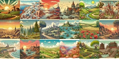 Cartoon landscapes. AI generated illustration