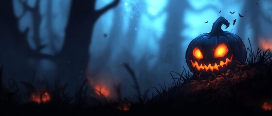  A jack-o-lantern pumpkin sits in a forest's heart, surrounded by bats in flight The full moon casts its light behind