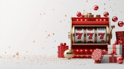 A festive slot machine surrounded by holiday decorations and gifts, celebrating luck and joy during the festive season.