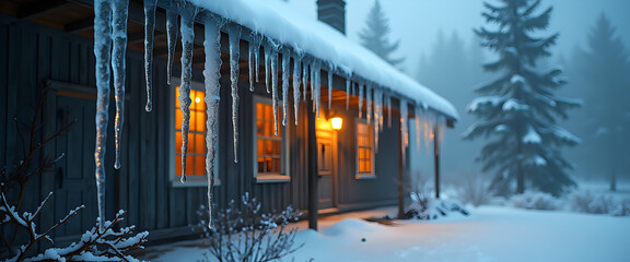 Obraz premium Snow-covered cabin in a quiet winter forest