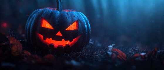  A jack-o-lantern pumpkin glows in the dark, its eyes and mouth aglow