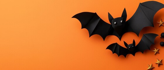  A collection of bats against an orange backdrop; below, stars scatter and a solitary black bat resides