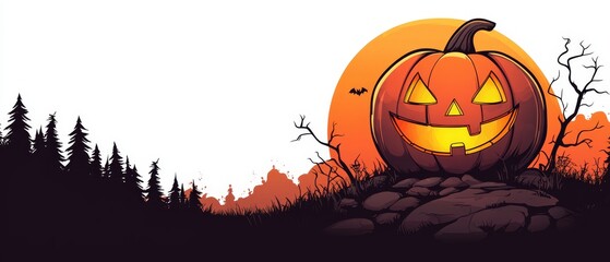  A jack-o-lantern atop rocks, before a full moon