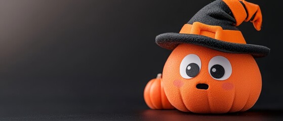  A tight shot of a pumpkin wearing a witch hat atop its rounded form, positioned on a table