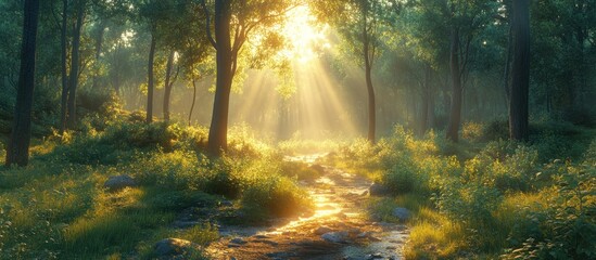 Obraz premium A serene forest scene with sunlight filtering through trees, illuminating a gentle stream.