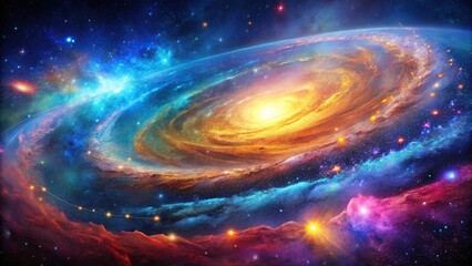 Abstract representation of a galaxy with vibrant colors and shapes, spiral arms, celestial bodies