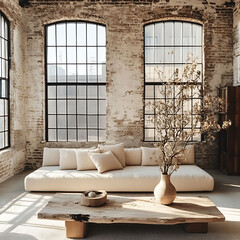 Minimalist living room with a white sofa, a wooden coffee table, and large windows, set against a brick wall.