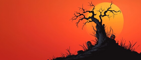 Fototapeta premium A spooky tree with two pumpkins at its base against an orange and red sunset backdrop