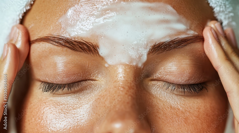 Wall mural Close-up of a person applying facial skincare cream on their forehead, highlighting the soothing and rejuvenating benefits of a beauty routine.