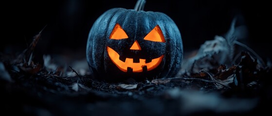  A jack-o-lantern pumpkin illuminates the dark with its frighteningly carved features