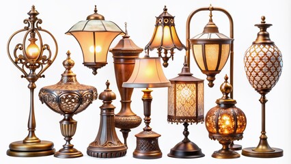Vintage lamp assortment isolated on  background, featuring intricately designed metal and ceramic fixtures, ornate details, and warm soft glowing light effects.