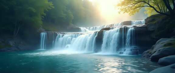  Waterfall flowing into a serene forest pool