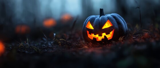  A carved jack-o-lantern stands amidst the forest, surrounded by glowing pumpkins in the foreground