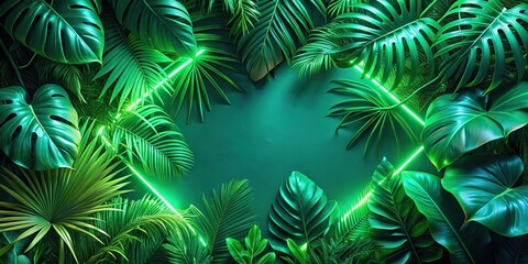 Abstract green background with tropical leaves and neon lights shot from a high angle